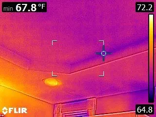 Thermal camera image showing a cold, wet area on a ceiling